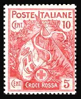 Francobollo Cent 10 con sovrapprezzo Croce Rossa Italiana 1915