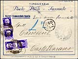 1945 - Busta con tassa a destino tassata con  francobolli propaganda di guerra ritagliati
